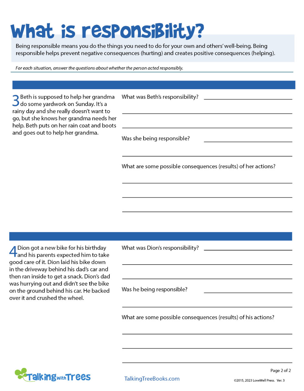 Responsibility Worksheet for elementary SEL / Character Education