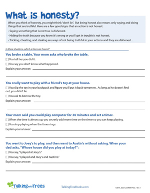 Honesty worksheet based on Be Proud Children's Character Education Book