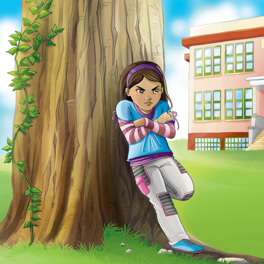 Be Bigger Childrens Book on Respect- Angry girl leaning on tree
