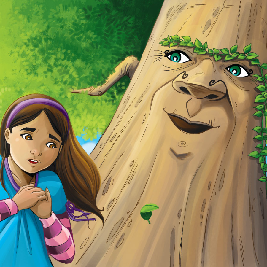 Illustration from Be Bigger Children's Book- Girl with emotion talking to tree