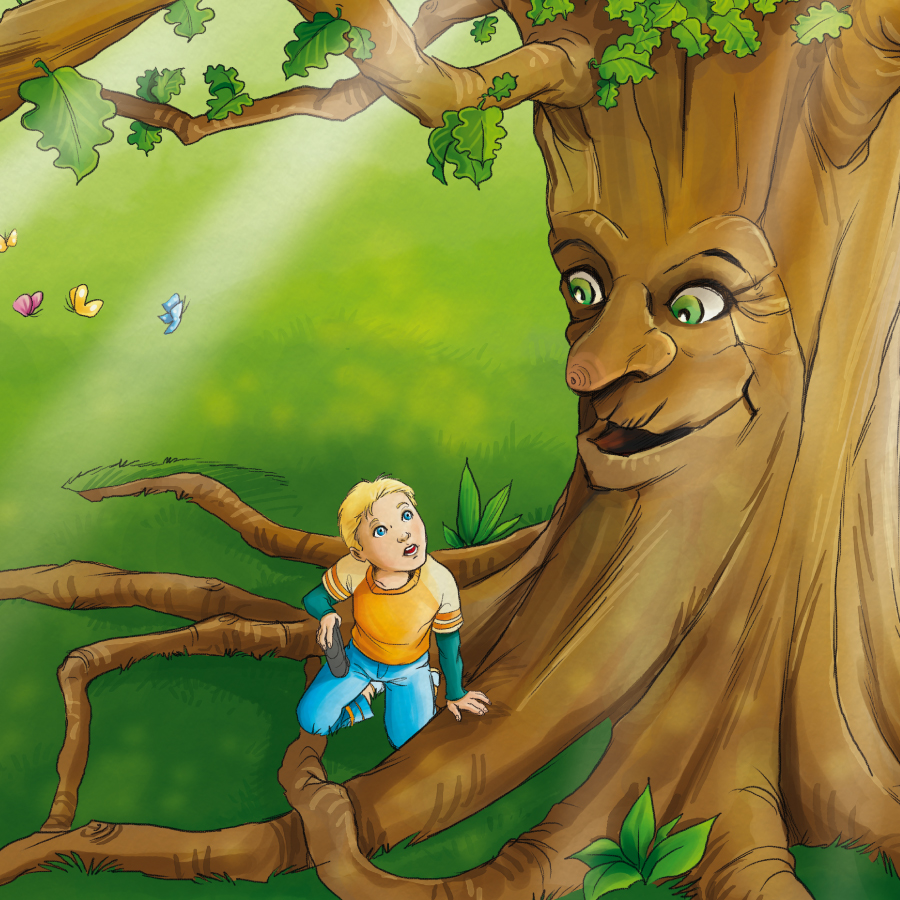 Be Proud Childrens Book on Honesty- Boy gazing at a talking oak tree