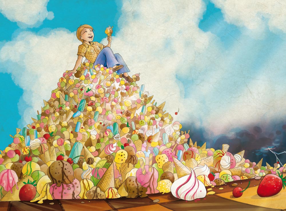 Illustration from the book, Be Proud. Boy sitting on a mountain made of desserts