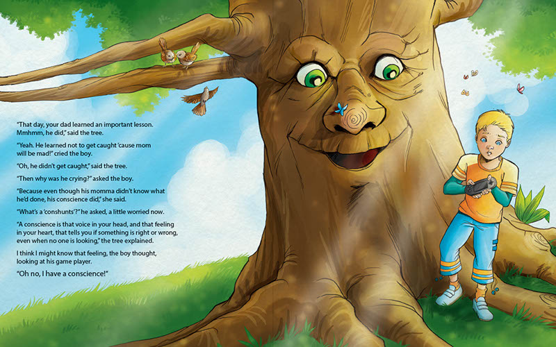 Be Proud Childrens Book with a Lesson- Boy talking to tree and looking worried