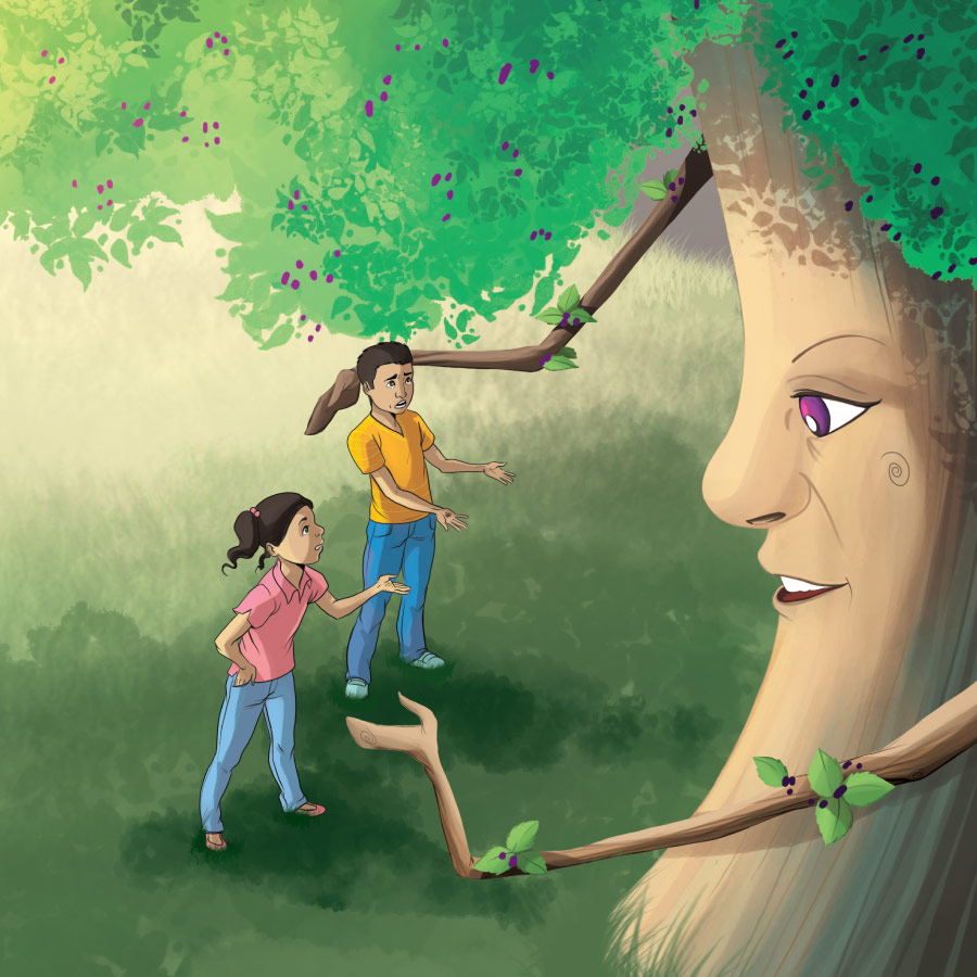 Illustration from the book What if: children talk with a tree.