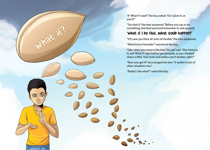 What if Childrens Book illustration- boy examines what if seed