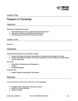 Respect in Friendship Lesson Plan for elementary character ed and sel