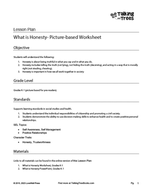 What is Honesty Lesson Plan for kindergarten /grade 1 character ed and sel