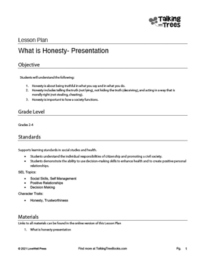 What is Honesty Lesson Plan with Presentation for character ed and sel