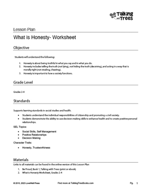 Lesson Plan on Honesty with Worksheet