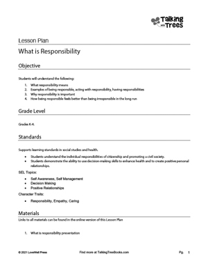 What is Responsibility Lesson Plan for elementary character ed and sel