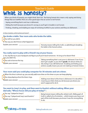 Teacher guide for honesty worksheet